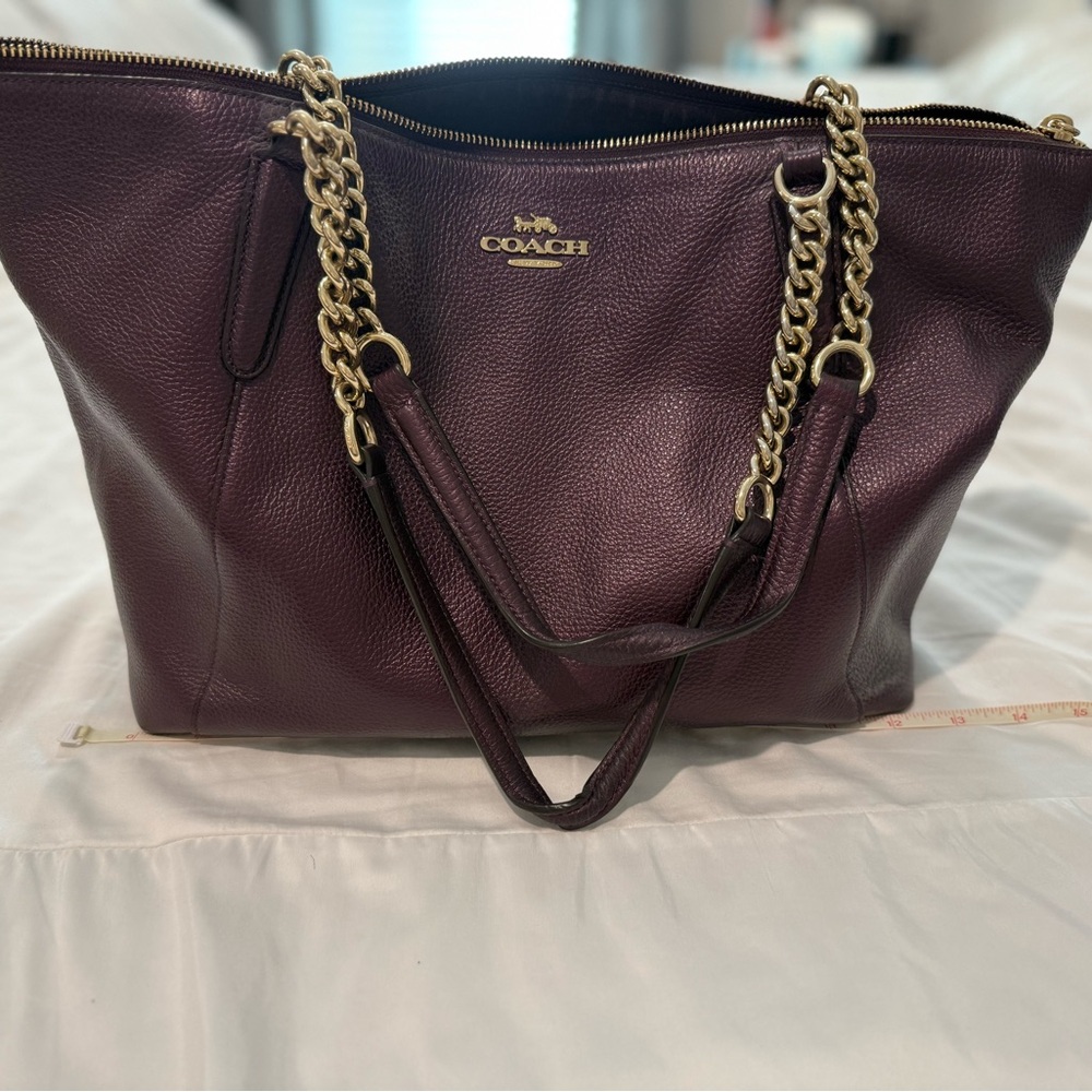 Coach Purple Leather Tote with Gold Chains